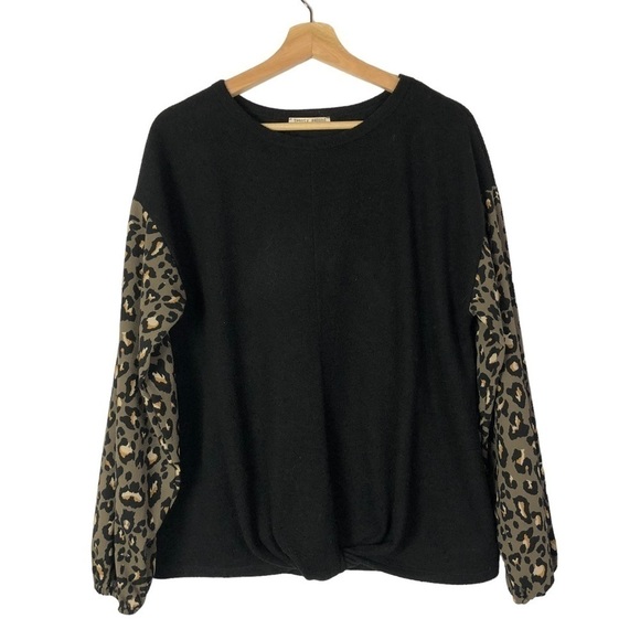 Boutique Twenty Second Black & Brown Leopard Sleeves Knit Top M - Picture 1 of 2